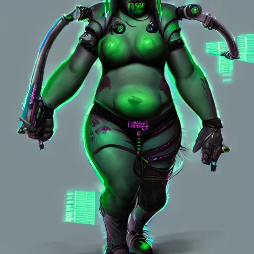 Prompt: concept art of a cute chubby cyberpunk orc hacker girl with green skin and tusks. Trending on artstation