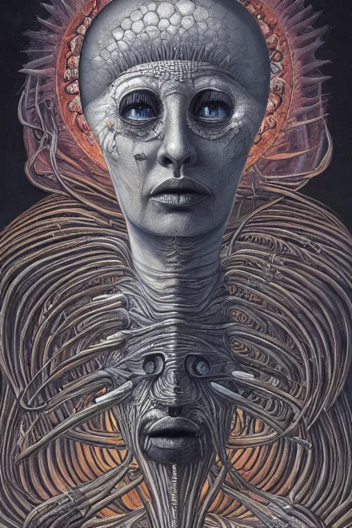 Image similar to THE QUEEN OF THE SUN by jacek yerka, alex gray, zdzisław beksiński, dariusz zawadzki, jeffrey smith and h.r. giger, oil on canvas, 8k highly professionally detailed, trending on artstation