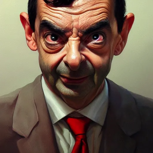 Image similar to hyper realistic, close up portrait of mr. bean by greg rutkowski, scott m fischer, artgerm, loish, slight glow, atmospheric