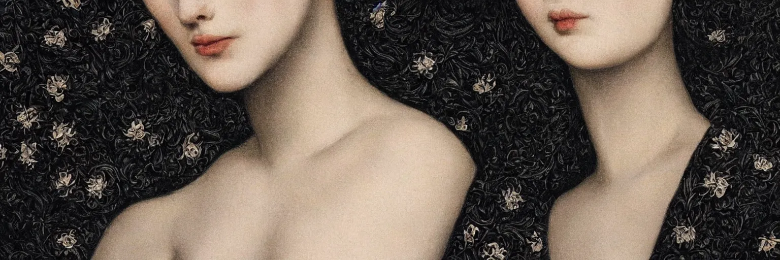 Prompt: hyperrealism close - up mythological portrait of beautiful medieval women partially made of black flowers in style of classicism, pale skin, ivory make up on the eyes, wearing black silk robes, dark and dull palette