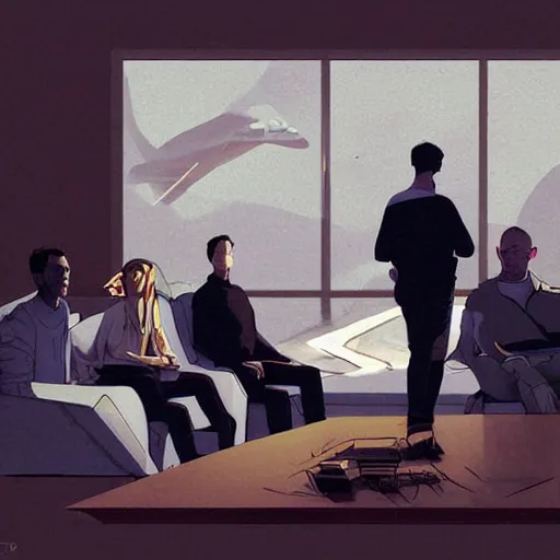 Image similar to cell shaded illustration of a meeting between elon musk, mark zuckerberg, jeff bezos, very detailled, by artgem, greg rutkowski, by atey ghailan, by greg tocchini, by james gilleard, by joe fenton, by kaethe butcher