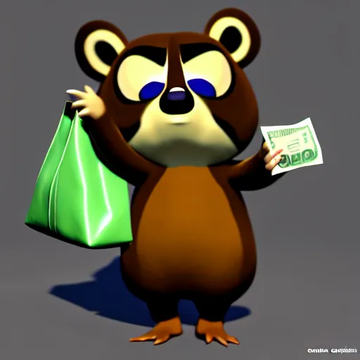 Prompt: tom nook crying, holding bags of money, 3 d model, unreal engine, hyper detailed, video game art, concept art, artstation