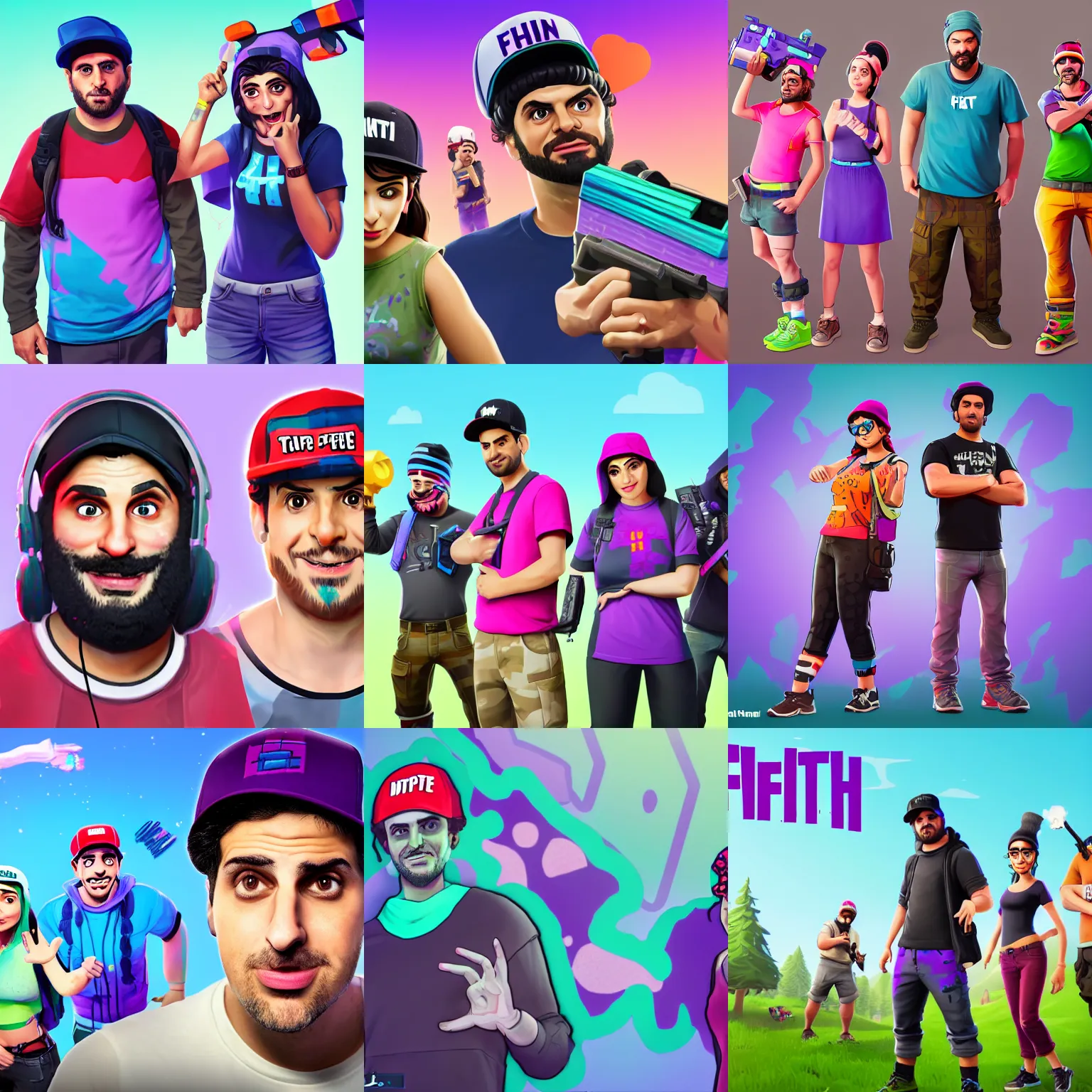 Prompt: h3h3, h3, ethan klein, hila klein, youtube, fortnite skin, loading screen, 4k, video game, concept art