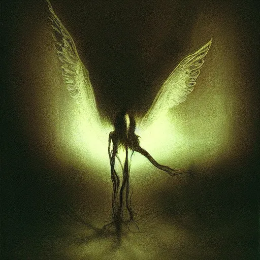 Prompt: dark demonic entity with infinite wispy wings, glowing wings that are a portal to a evil world, dark neochrome colors, photo pic by beksinski gammell 35mm