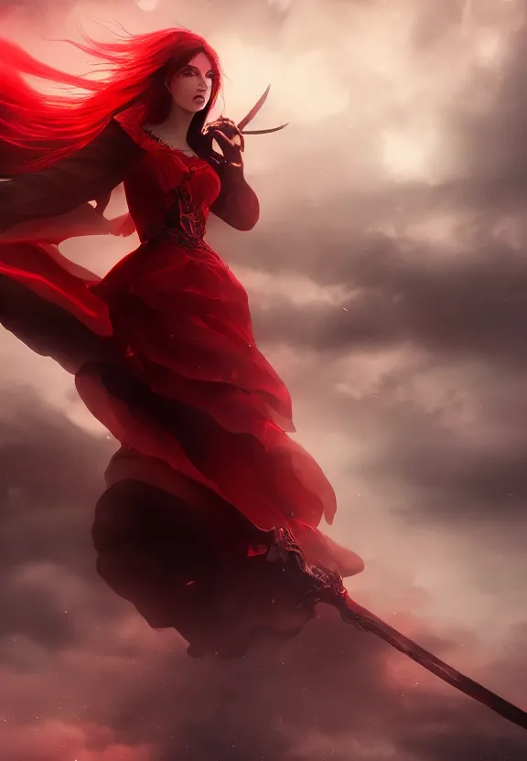 Image similar to a beautiful fierce long black haired woman wearing red dress wielding black sword posing gracefully heroically, heavenly moonlit clouds background, close up shot, artstation, extremely detailed woman, stunning volumetric lighting, hyper realism, fantasy 4k