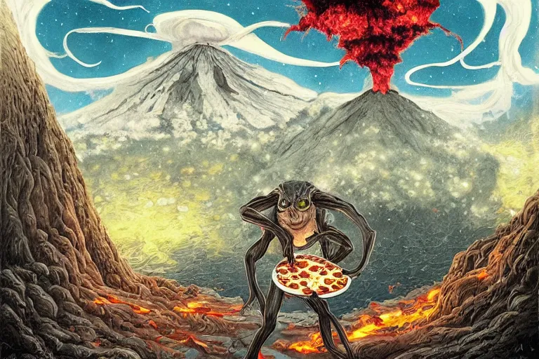 Image similar to a highly detailed gollum making pizza!, a volcano in the background is spewing black smoke, with streams of hot glowing lava flowing, black sky, post - apocalyptic vibe, full body, wide angle, an ultrafine detailed painting by joe fenton, trending on deviantart, pop surrealism, whimsical, lowbrow, perfect symmetrical face, sharp focus, octane, masterpiece