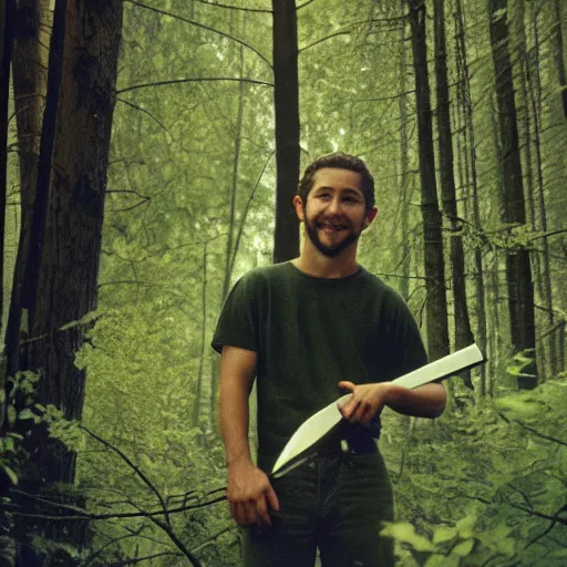 Image similar to Shia Labeouf, smiling eerily and holding a knife, peering through foliage in the forest, horror movie moonlight, Eastman Color Negative II 100T 5247, ARRIFLEX 35 BL Camera