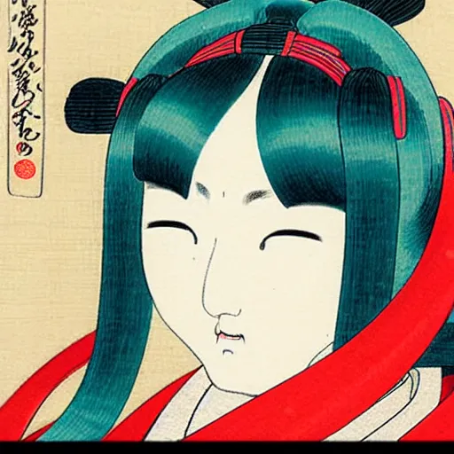 Image similar to beautiful portrait ukiyo - e painting of hatsune miku, by kano hideyori, kano tan'yu, kaigetsudo ando, miyagawa choshun, okumura masanobu, kitagawa utamaro