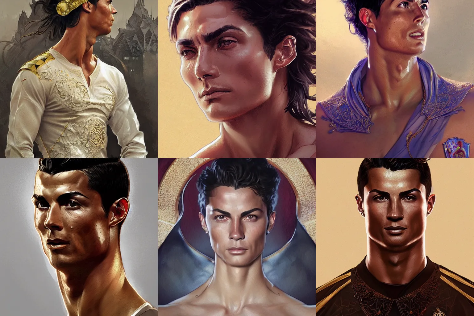 Prompt: Cristiano Ronaldo, D&D, intricate, elegant, highly detailed, digital painting, artstation, concept art, matte, sharp focus, illustration, art by Artgerm and Greg Rutkowski and Alphonse Mucha]