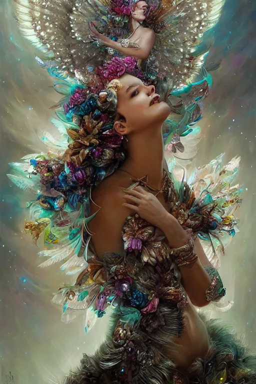 Image similar to beautiful model wearing crystal white feathers, god of psychedelics dancing in a vortex made of flowers, diamonds, angel, fantasy, dramatic lighting, highly detailed, digital painting, holding electricity, magic the gathering, hyper detailed, 3 d render, hyper realistic detailed portrait, peter mohrbacher, wlop, ruan jia