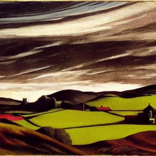 Image similar to dramatic landscape of donegal ireland after the storm, mammatus clouds and lenticular clouds, by edward hopper and giorgio de chirico