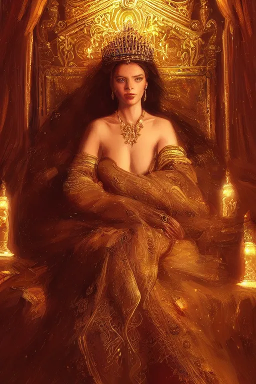 Image similar to portrait of majestic royal queen in her thrown with jewels, staring directly into camera, intricate, elegant, glowing lights, highly detailed, digital painting, artstation, sharp focus, illustration, art by wlop, mars ravelo and greg rutkowski