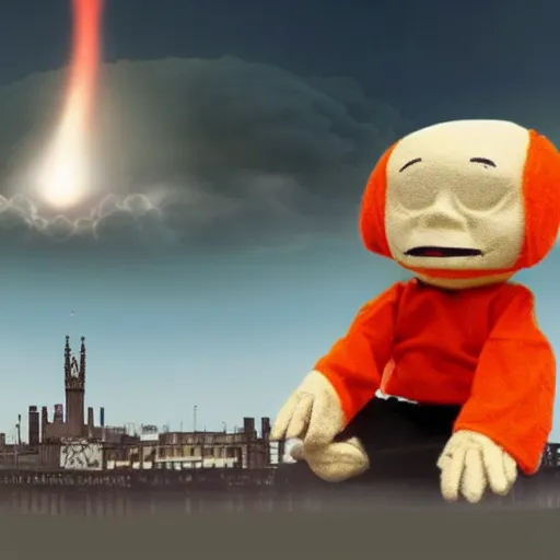 Prompt: evil toy puppet sitting in the middle of abandoned london with nuclear explosion on the background