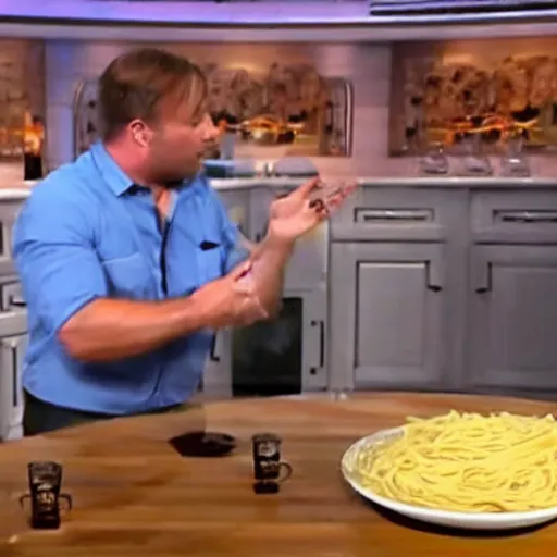 Prompt: alex jones drenched on pasta sauce,