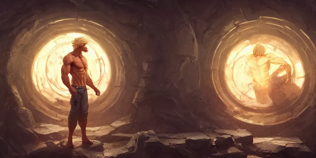 Image similar to Muscular old man with blond hair and beard engulfed in stasis crystal chamber in the middle of the square. In style of Greg Rutkowski, Jesper Ejsing, Makoto Shinkai, trending on ArtStation, fantasy, great composition, concept art, highly detailed, scenery, 8K, Behance.