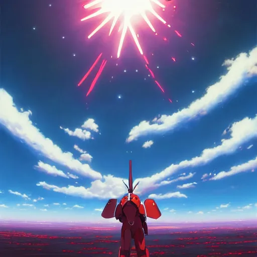 Prompt: the end of evangelion, ultra detailed, painting, anime artstyle, by makoto shinkai, eva, nerv, cross, realistic shading, eva mech unit 0 1, trending on artstation, pixiv, red cloud background, zoomed out, safe for work