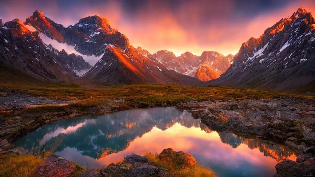 Image similar to amazing landscape photo of mountains with lake in sunset by marc adamus, beautiful dramatic lighting