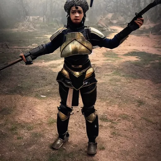 Prompt: photo of a female warrior with galaxy colored armour and weapons