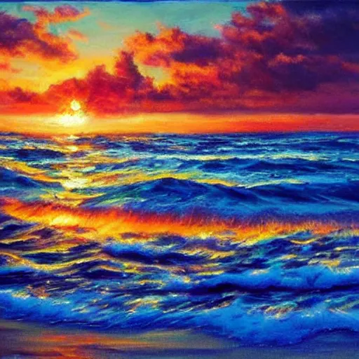 Image similar to The sunset light shines on the sea, sparkling, warm tones, oil painting