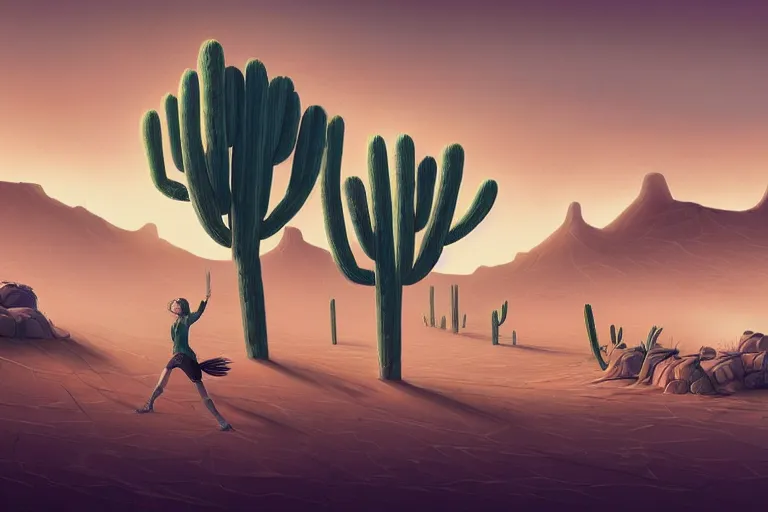 Prompt: a photo of a dystopian desert with loots of Cacti, sandy colours, sandy green, sandy, sandy beige, sobbing sad black silhouette of a person, cantered, by Cyril Rolando, trending on DeviantArt, desolated, dark, 8k resolution, rendered in Zbrush, simplistic