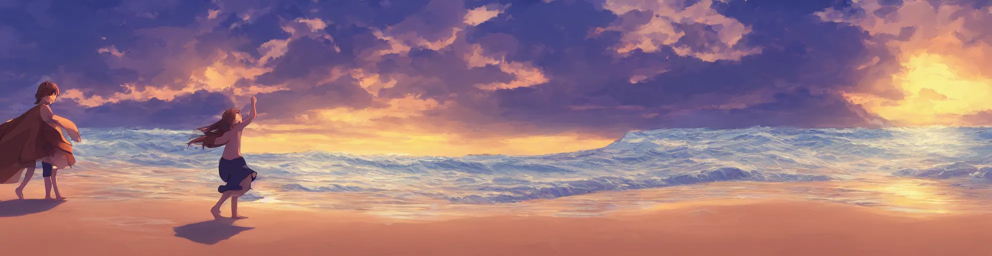 Prompt: beautiful, detailed digital painting of a brown-haired child playing on the beach and looking at the sunset, anime by Makoto Shinkai, sand, waves, trending on artstation