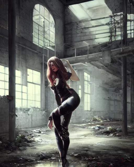 Prompt: daniel gerhartz and artgerm portrait digital rococo painting of a beautiful woman wearing streetwear clothing, abandoned warehouse interior in the background, unreal engine, hyper realism, realistic shading, cinematic composition, blender render, octane render, hdr, detailed textures, photorealistic, ultrawide shot, 3 5 mm film