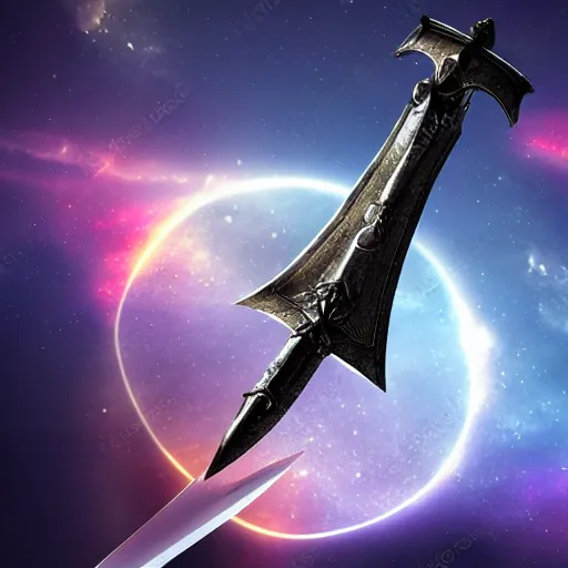 Image similar to knight, great sword with ray in the middle of the galaxy, 4 k, realistic