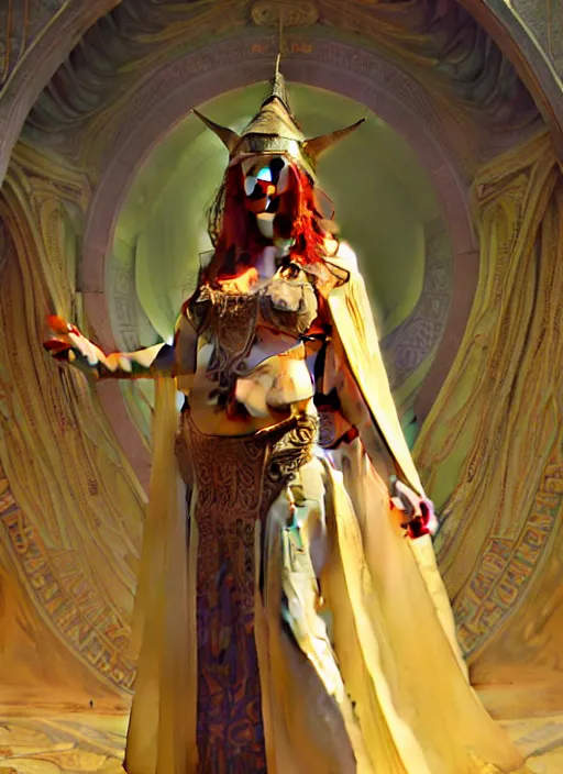Image similar to portrait of a full body of curvy young female solarpunk priestess in byzantine robes, fantasy, flat lighting, intricate, highly detailed, digital painting, artstation, concept art, smooth, sharp focus, illustration, art by simon bisley and greg rutkowski and boris vallejo and alphonse mucha, natural tpose