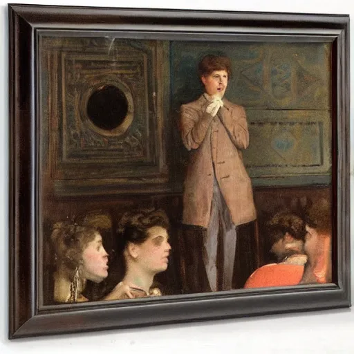 Image similar to a young man watching an actress on stage in an old theater, by alfred stevens