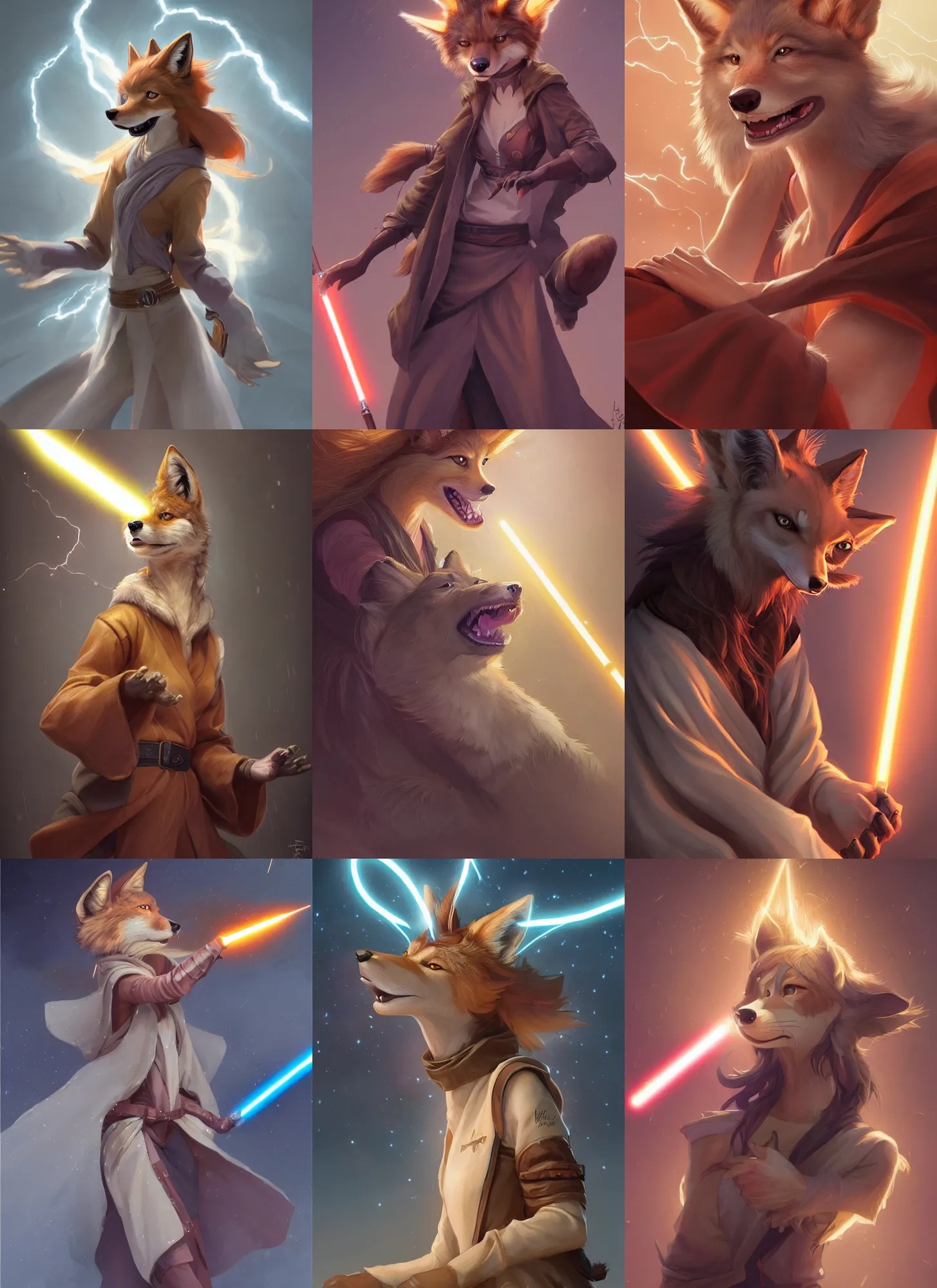 Prompt: beautiful portrait of a female anthropomorphic coyote fursona wearing jedi robes being tickled by lightning. detailed hands. character design by charlie bowater, ross tran, artgerm, and makoto shinkai, detailed, soft lighting, rendered in octane