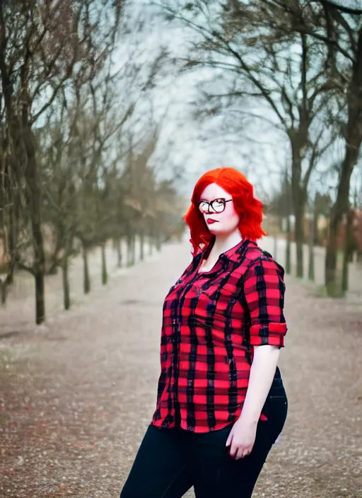 Image similar to photograp of a plus-size redhead woman wearing jeans, black converse shoes, and a red tartan shirt