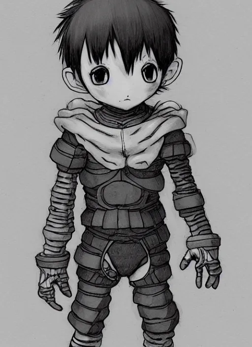 Image similar to beautiful little boy wearing an cyborg bear suit, artwork in kentaro miura and made in abyss and rosdraws, smooth, beautiful lightness, anatomically correct, trending on pixiv