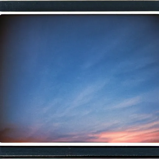 Image similar to instant photograph of the sky, polaroid, raw, beautiful, sunset, clouds, city