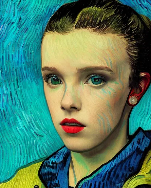 Prompt: portrait of cyberpunk millie bobby brown by vincent van gogh, digital art