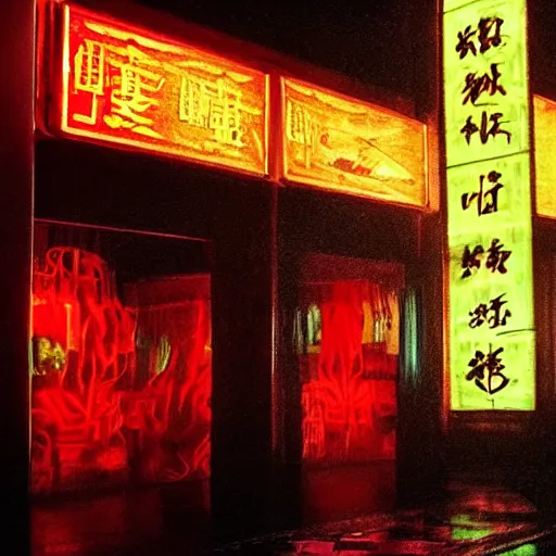 Prompt: chinese restaurant red neon lighting night time raining friday evening Bladerunner 2049. Dark glass windows. Set design by Dennis Gassner. Cinematography by Roger Deakins 1989 film photo slightly grainy.