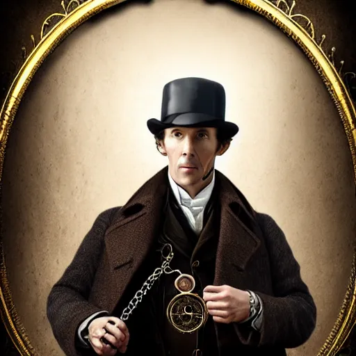 Prompt: portrait of sherlock holmes wearing a steampunk mechanical monacle, matte painting, 4 k, ultra detailed