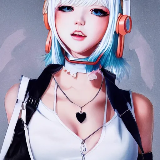 Image similar to realistic teasing detailed semirealism beautiful gorgeous cute Blackpink Lalisa Manoban white hair white cat ears blue eyes, wearing black camisole outfit, headphones, black leather choker full HD 4K high resolution quality WLOP, Aztodio, Taejune Kim, Guweiz, Pixiv, Instagram, Artstation