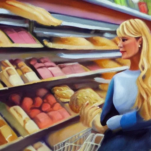 Image similar to high quality award winning painting of a rich blonde woman shopping for bread in a supermarket