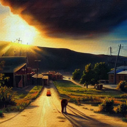 Prompt: oil painting of american landscape, western town, dusty street, sunrays, dramatic, very very very beautiful nature art, romanticism