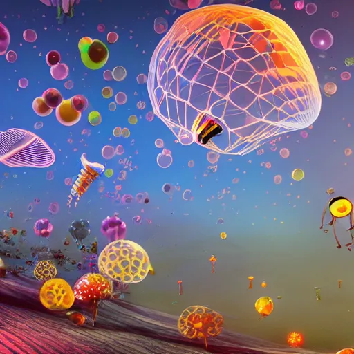 Image similar to tiny kite festival, floating, rbc, bunny, radiolaria, protophyta, micro - organisms, center frame, symmetric, rim light, marine microbiology, bioluminescence, electric, fur, soft, concept art, intricate details, highly detailed, colorful, photorealistic, disney pixar, octane render, iridescent, anime, 8 k