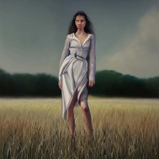 Prompt: a vogue model in a field, oil painting, pale colors, high detail, 8 k, wide angle, trending on artstation,