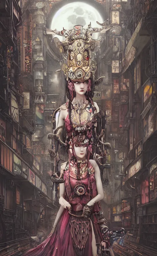 Image similar to hyper realistic Princess Mononoke, ornate mask magic, wet market street, cyberpunk metropolis, city landscape, jewels, full body pose, full moon, wolf by her side, style of tom bagshaw, mucha, james gurney, norman rockwell, denoised, sharp