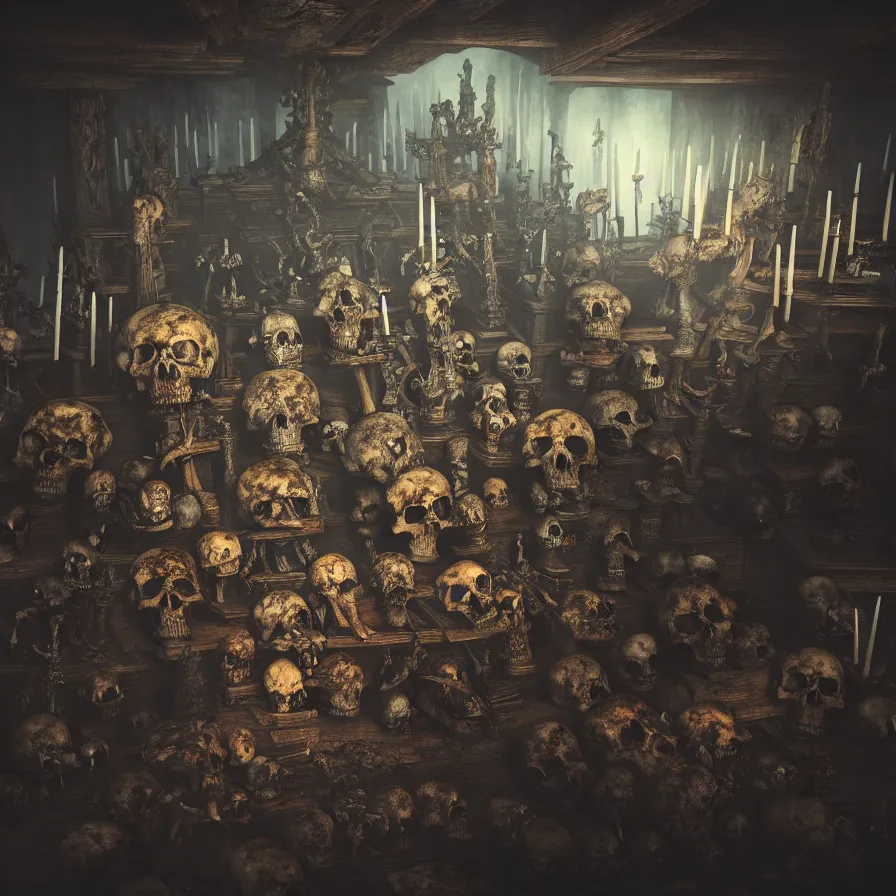 Image similar to full color, low ultrawide interior shot of sedlec ossuary, bones, anime style mixed with fujifilm, dark, foggy, atmospheric, artstation, cgsociety, octane render, cgi, denoise, detailed, cinematic masterpiece