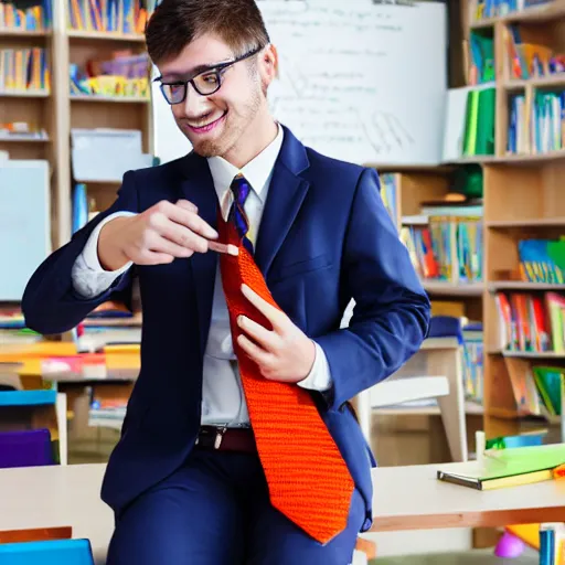 Prompt: a cute male anthropomorphic vulpes vulpes fulva teacher wearing suit working at a school