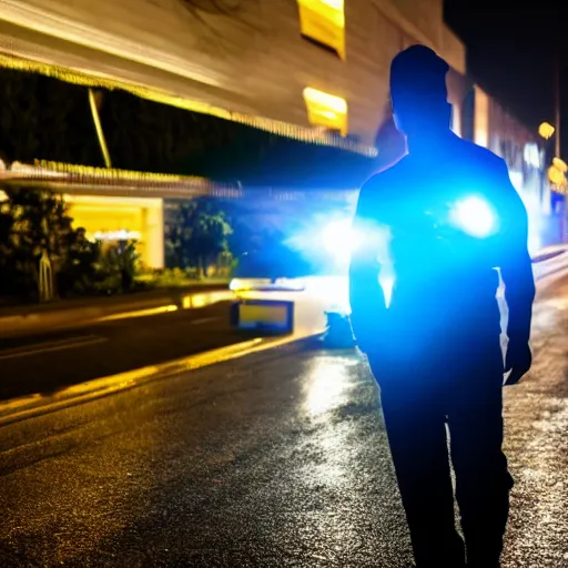 Prompt: biolumenescent, glowing, glow - in - the - dark fbi agent on road at night