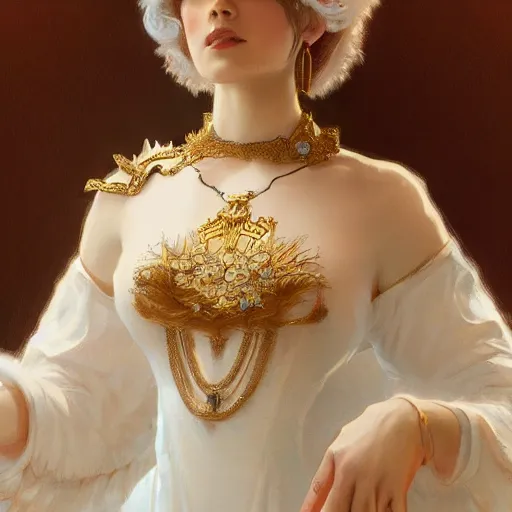 Prompt: a queen with a decorated dress made of white and cream plumes of swan, highly detailed, digital painting, Trending on artstation , HD quality, by artgerm and greg rutkowski and alphonse mucha, dramatic light, octane