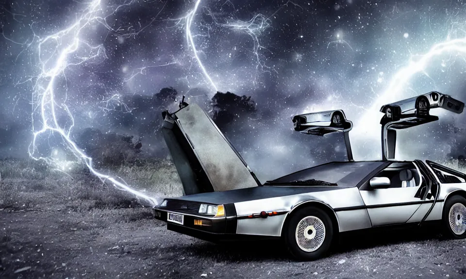 Image similar to a delorean travelling through time, digital art