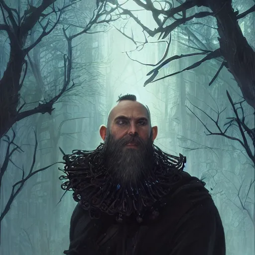 Image similar to highly detailed portrait from a gothic man with a mohawk and designer beard, stephen bliss, unreal engine, fantasy art by greg rutkowski, loish, rhads, ferdinand knab, makoto shinkai and lois van baarle, ilya kuvshinov, rossdraws, tom bagshaw, global illumination, radiant light, detailed and intricate environment