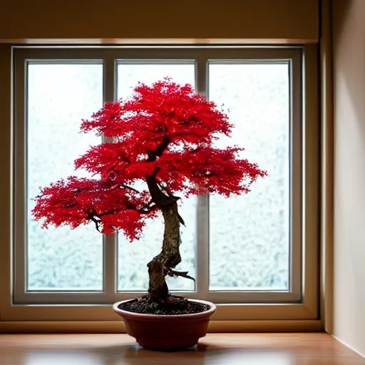 Image similar to photo of a red maple bonsai in a kitchen, next to a window, beautiful, high detail, cinematic,