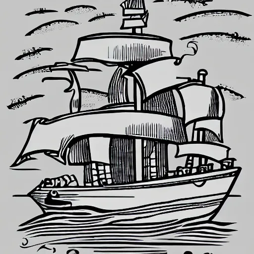 Image similar to Pirate ship at sea. Clean svg drawing, or with well-defined line, coloring-in sheet style